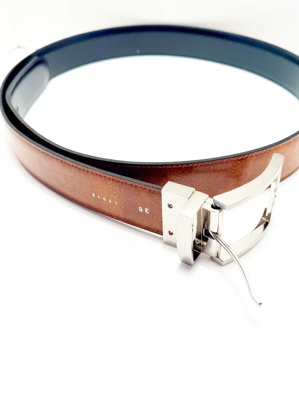 Men's Reversible Black/Brown Leather Dress Belt with Brushed Silver Buckle